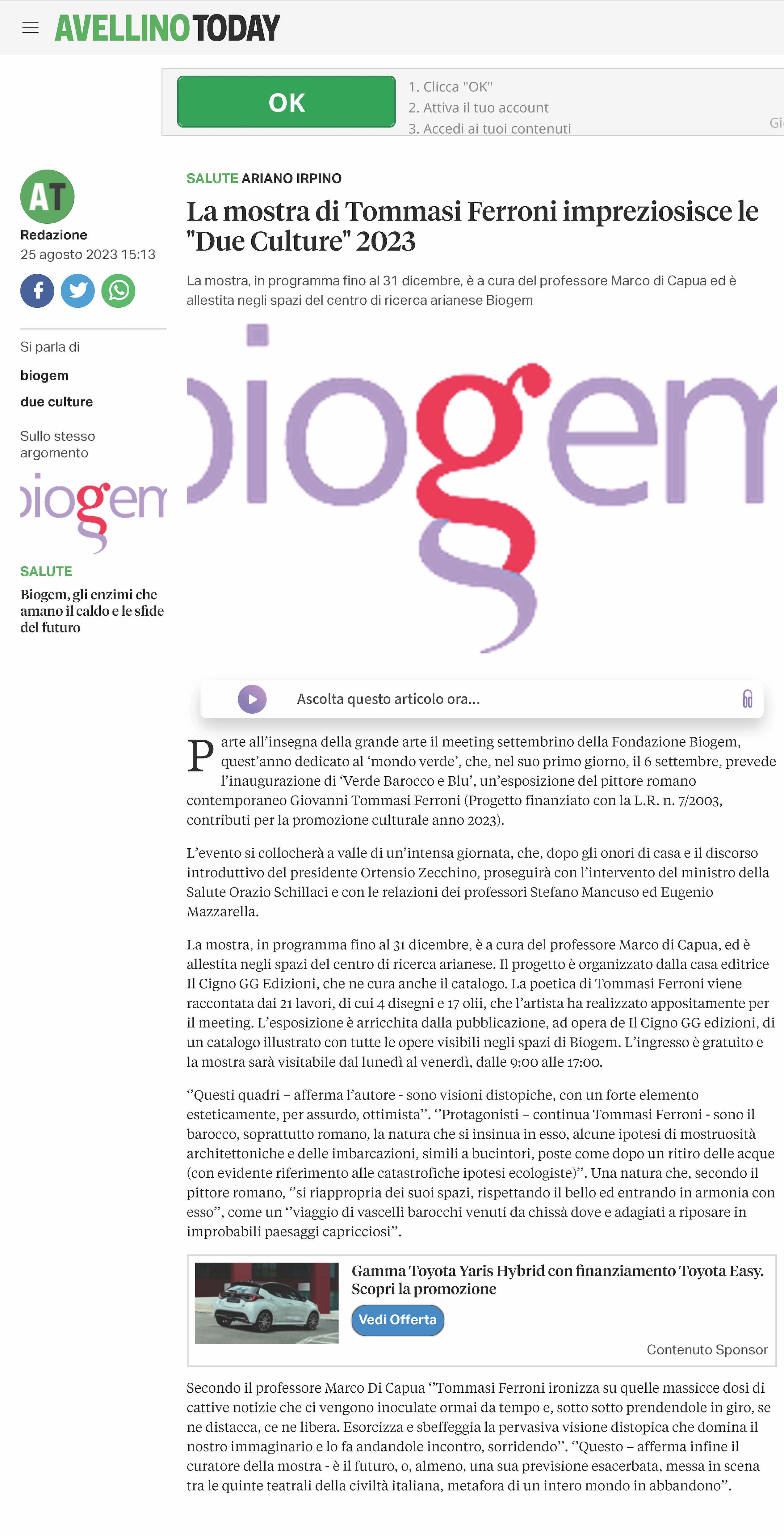 La mostra di Tommasi Ferroni impreziosisce le "Due Culture" 2023